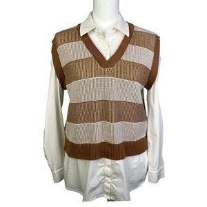 Adrianna Papell Preppy Sweater Vest Striped Knit‎ V Neck Sleeveless Top Size S